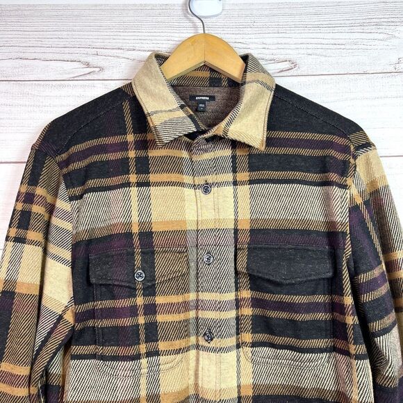 Express Mens Plaid Brown Knit Long Sleeve Button Down Size M - Picture 3 of 9